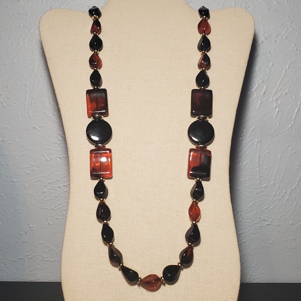 Vintage Plastic Amber and Black Long Beaded Necklace
